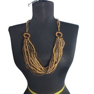 Coldwater Creek Multi-Strand Brown Gold Beaded Statement Necklace Wooden Boho